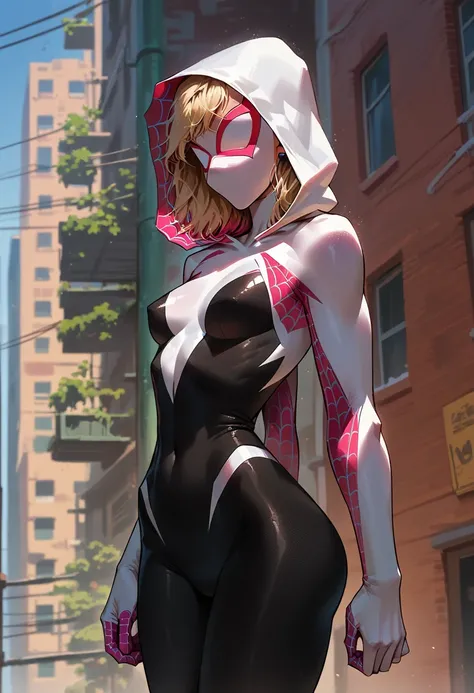 1girl, 18 years old, gwen stacy, small breasts, bigger hips, big ass, in masked, spider gwen mask, detailing face, detailing body, athletic body,spider gwen, transparent sexybodysuit, bodysuit, new york, on the factory, preparing for battle