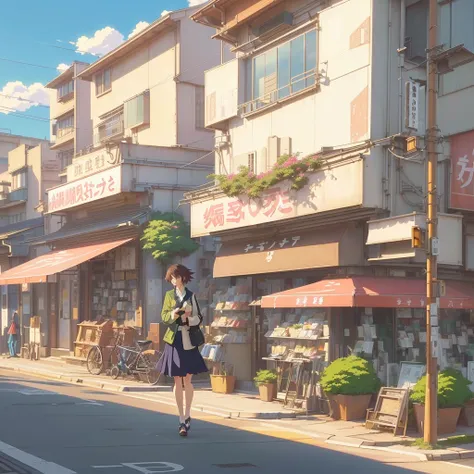 Anime style illustration of a street scene, which depicts a woman, walking down the street., anime background art, street background, anime background, anime style cityscape, Tokyo, Anime scene, Japanese street, anime landscapes concept art, anime aestheti...