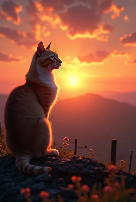 A beautiful cat is looking at the sunset