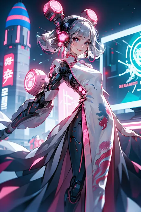 1 person, Chinese_Clothes, liquid silver and pink, Cyberhunter, China dress, cyber punk city, Dynamic pose, Glowing headphones, Glowing Hair Accessories, Long Hair, Glowing Earrings, Glowing necklace, cyber punk, High-tech city, full of mechanical and Futu...