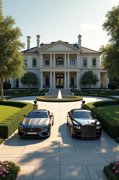 A big beautiful house with a beautiful driveway and a Porsche and Maybach