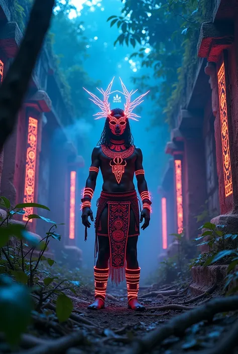 A high-resolution brightly lit photorealistic photograph of a cyberpunk tech wear shaman wearing shamanic ornaments and face mask tribals with tribal clothings and colourfull masks in uv green and blue with criptic signs glowing on the fabric standing by a...