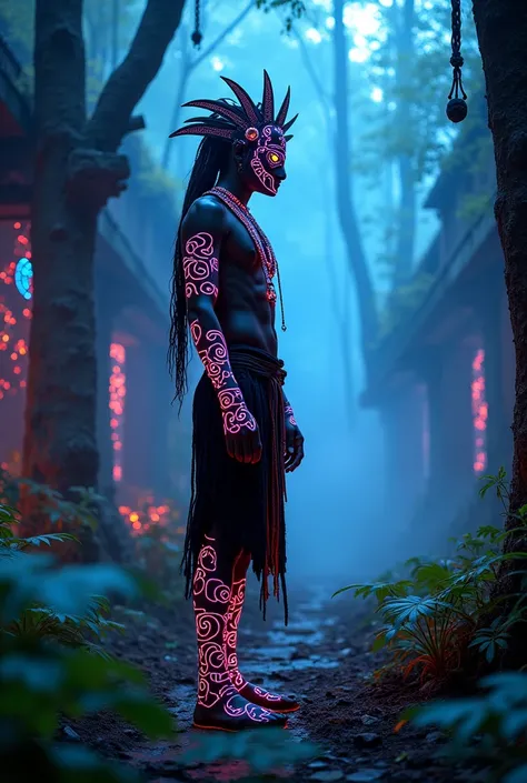 A high-resolution brightly lit photorealistic photograph of a cyberpunk tech wear shaman wearing shamanic ornaments and face mask tribals with tribal clothings and colourfull masks in uv green and blue with criptic signs glowing on the fabric standing by a...