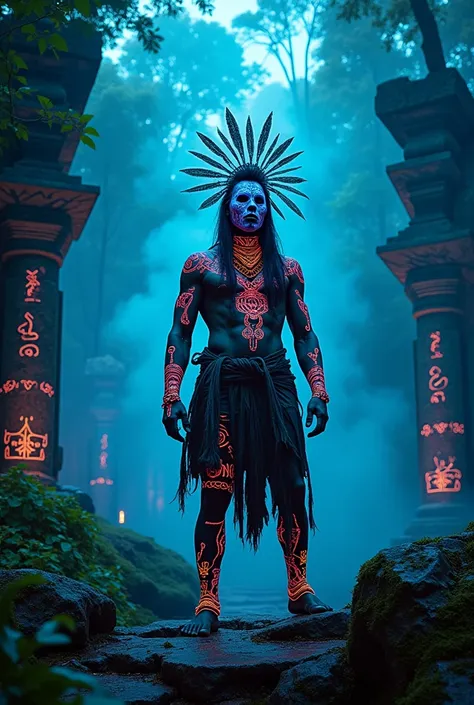 A high-resolution brightly lit photorealistic photograph of a cyberpunk tech wear shaman wearing shamanic ornaments and face mask tribals with tribal clothings and colourfull masks in uv green and blue with criptic signs glowing on the fabric standing by a...