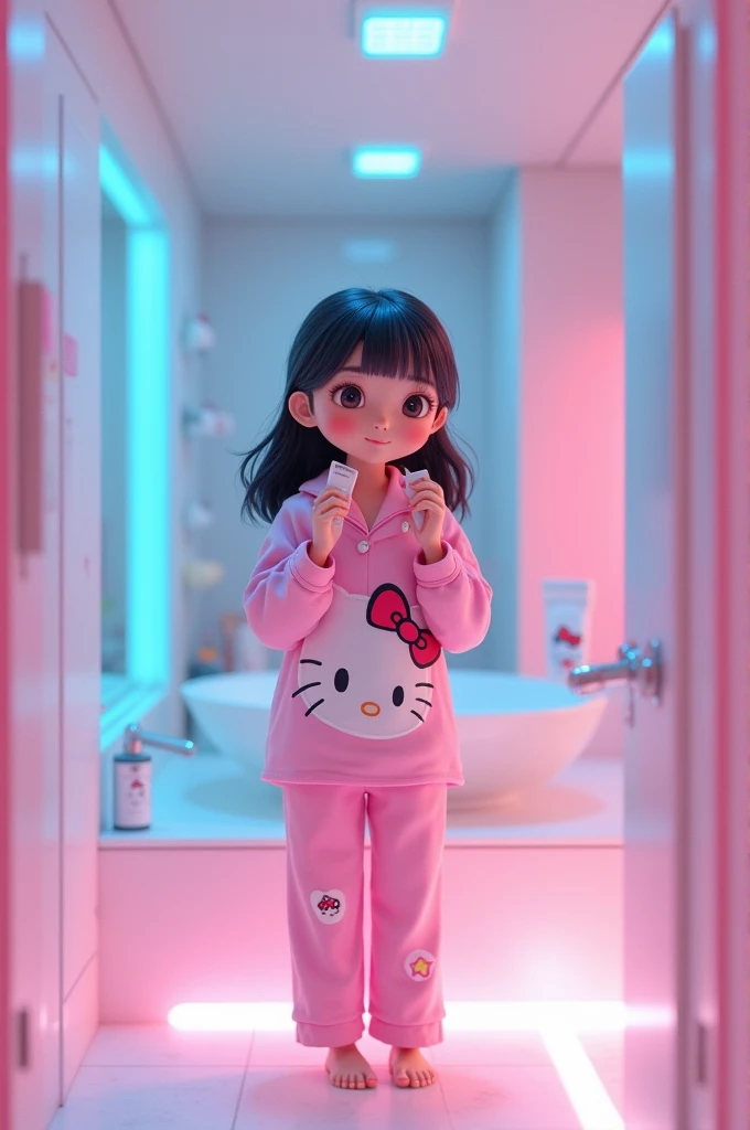 Animated kawaii Korean girl doing a double facial cleansing in a nice bathroom with a pink and blue theme and also having a cool or futuristic style but not so much that she is pretty, slender, small, medium and small waist with Hello Kitty pajamas 