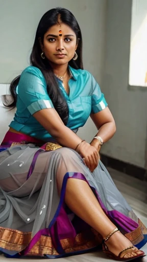 South Indian women, sitting on a chair, wearing gray chiffon transparent shiny skirt and blue shirt 