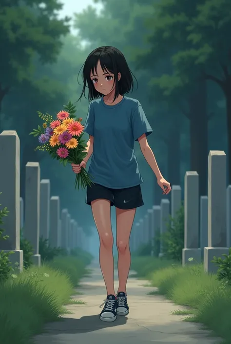 A 16-year-old girl wearing a blue short-sleeved shirt, black shorts, and Nike shoes, walks carrying a bouquet of flowers to the grave. 