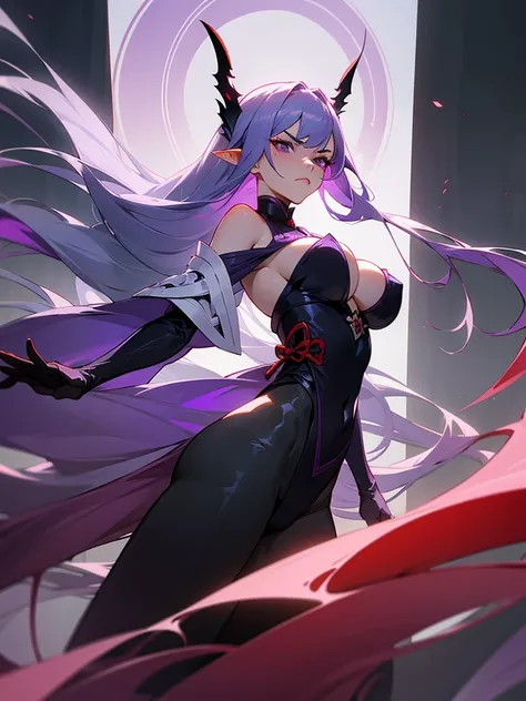 1 girl, Half human, half dragon, Hybrid,
white hair, purple strands, big boobs
Ein lila traditionelles japanisches Outfit mit ein paar weißen Akzenten, Dragon in the background, GöttinHD-Modell, high quality, length hair, very long hair, Floating hair, rip...