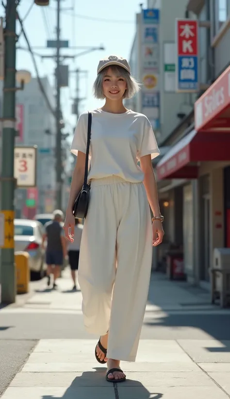 (Woman walking on Tokyo street:1.3、smile、The background is a street corner:1.5)、(Realistic、Like a photograph、Live Action、8k, Realistic, RAW Photos, Best image quality: 1.4), Single-lens reflex camera、RAW Photos, Highest quality, Realistic, Very detailed CG...