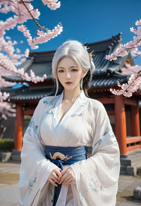 Beautiful Goddess（1 person）、White Fox Incarnation、It has nine tails、Beautiful woman、kimono、Trained muscles、Big Breasts、Gray Hair、Captivating body、Japanese Shrines、Cherry Blossoms at Night、full moon、8k、Realistic