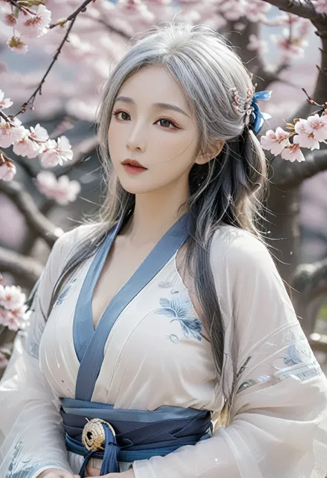 beautiful goddess（1 person）、white fox incarnation、it has nine tails、beautiful woman、kimono、trained muscles、big breasts、gray hair...