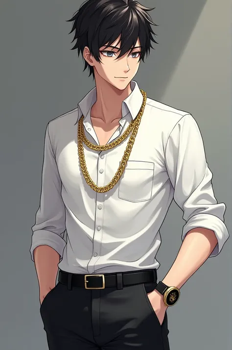 A boy wearing white shirt and black pants,hair like an anime and black Rolex watch and a thick gold chain 