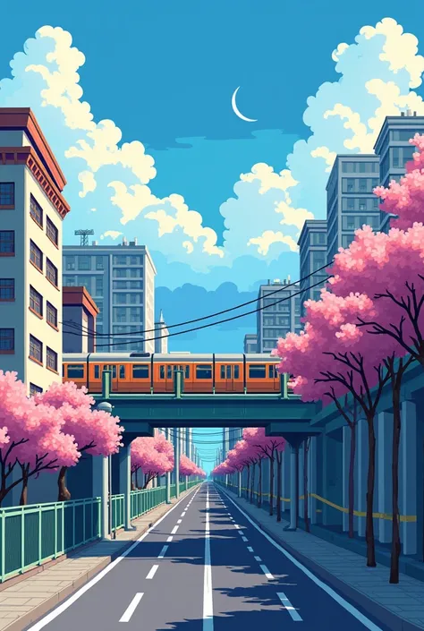 Japan region，Elevated railway tracks，subway，Pixel style，Simple and clear，subway在右上，School on the left。Cherry blossom trees on the bottom right，In the middle is the road，