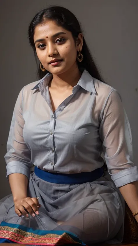 South Indian women, wearing gray chiffon transparent shiny skirt and shirt 