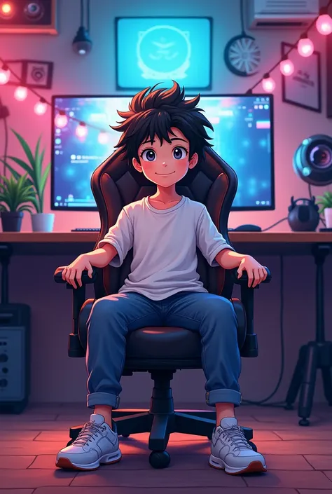 Boy anime sitting on chair background gaming studio 