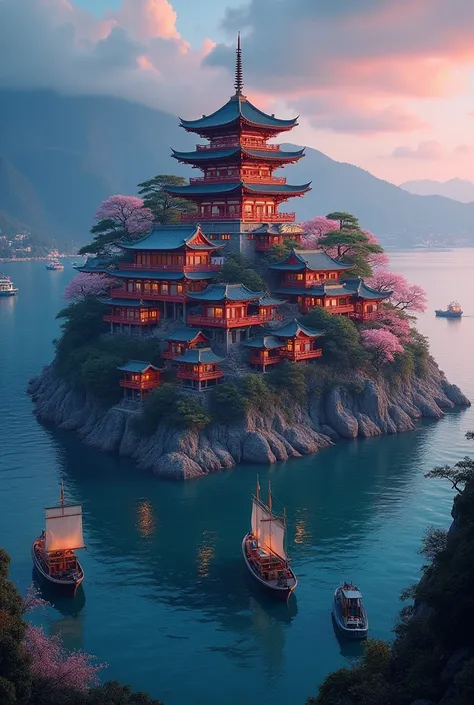 pagoda epic scale surrounded by shops asian chinese Japanese style in the ocean island surrounded by small ports with merchant boats, island with cherry blossom, night time, festive  aerial shot many boats island surrounded by ports, island central point 