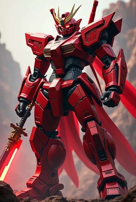 a massive red super giant robot, hulking muscular body, Pacific rim robot. Iron man.cyborg. samurai armor, detailed mechanical features, intricate samurai helmet, glowing red eyes, futuristic samurai sword, dynamic action pose, epic cinematic lighting, dra...