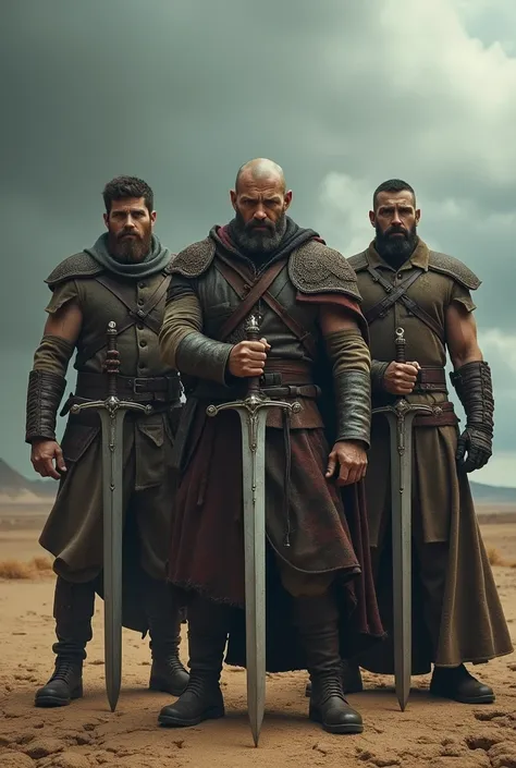 Three men in war clothes stand holding swords. 