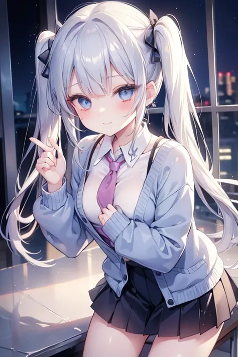 Silver-haired blue eyes、 girl、small breasts、twin tails、laughter、Nico Nico Smile、wearing a knit cardigan、wink、 girl、Looks about 15 years old、Petan Musume、girl、uniform、 girl、accessories、ear piercing、Cute Hairpins、hair ornaments、Gal-like、are at school、look of...