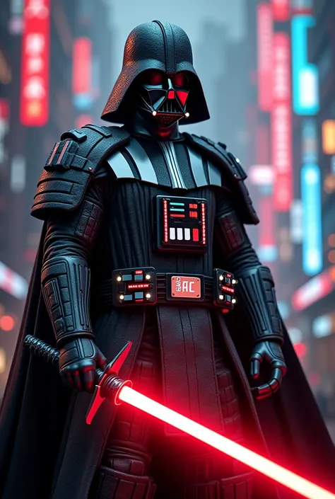 a samurai darth vader, ninja style, cyberpunk japan, gundam.detailed futuristic samurai armor, lightsaber, dark moody atmosphere, ultra detailed, 8k, cinematic lighting, photorealistic, highly detailed face, intricate samurai sword, glowing cybernetic enha...