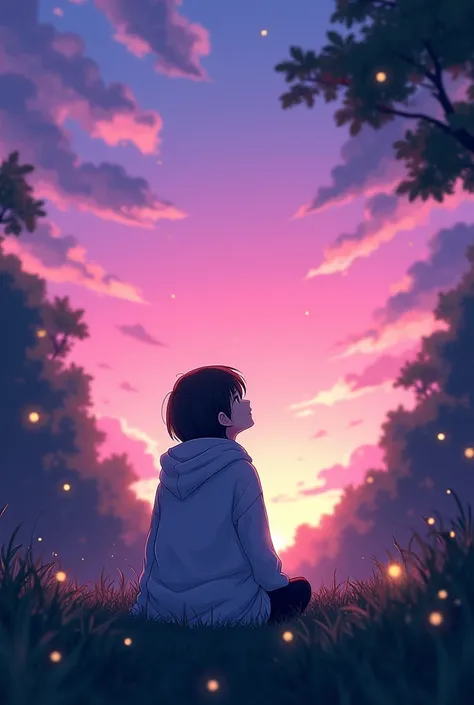 The sky is a gradient from pink to purple。Blurred clouds。grass。Sitting in a hoodie, looking up at the sky。Anime Style。Low - Angle。Stars in the sky。Forest in the Back。Fireflies are flying。