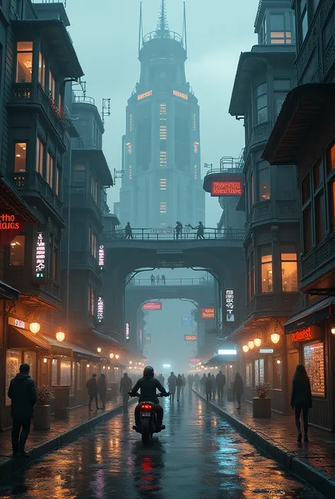 ((masterpiece)),((best quality)),((High Detail)),((Practical,)) Future Era City, There is a deep canyon in the middle, Building Street, market, bridge, Cyberpunk, European Architecture, Rainy night, neon, Futuristic motorcycle