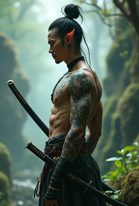 An elf with samurai bun hair, exposing his oriental tattoos, wielding a katana sword