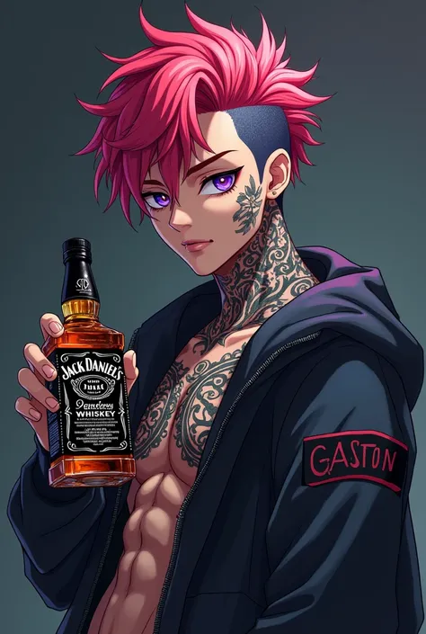 A lit anime guy, , with tattoos, colored hair, holding a bottle of Jack Daniels, wearing a jacket that says GASTON