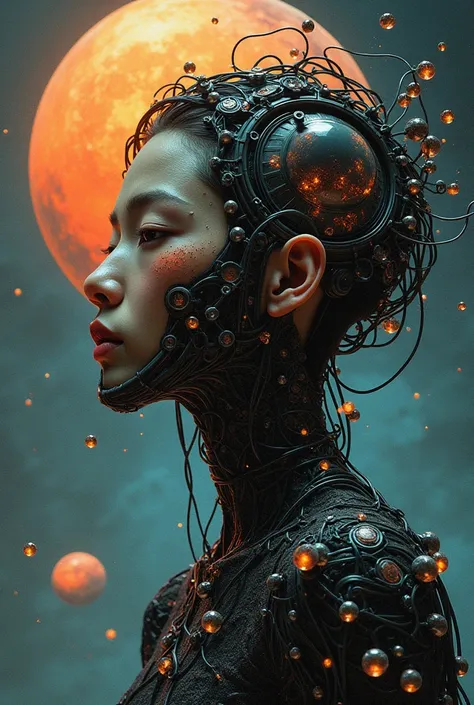 Inspired by Terry Gilliam and Tim Burton, Asian male of cybernetic beauty, steampunk wire-mesh suits, pipes of hell, hellraiser, pinhead by H.R. Giger, planets in the brain, merged double exposure mixed media, Gustav Klimt and Bill Sienkiewicz, intricate h...