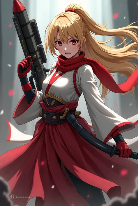 An anime-style angry-faced girl with long blonde hair wearing a Japanese shrine maiden costume and a red scarf is holding a rocket launcher and a sword