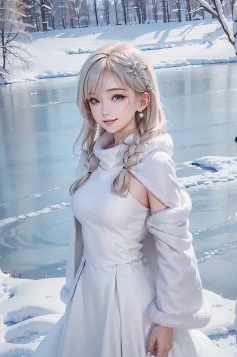 (the upper body:1.5).masterpiece、Highest quality、1 girl, winter, platinum blonde hair, Cute girl, smile, close mouse, medium breasts, sideboob:1.4, white dress, winter clothes, long skirt, Fur coat、Small waist、Thin legs、outdoors, front of the lake, snow fa...