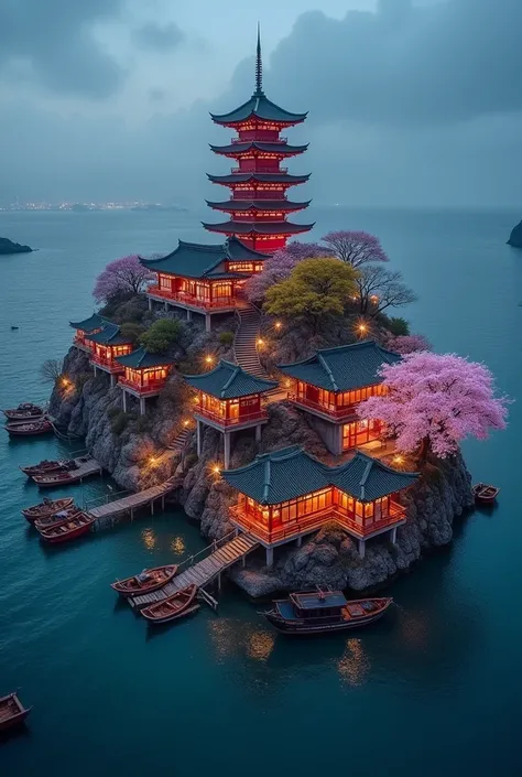 pagoda epic scale surrounded by shops asian chinese Japanese style in the ocean island surrounded by merchant boats docked, island with cherry blossom, night time, festive aerial shot many boats island surrounded by many small wooden docks , island central...