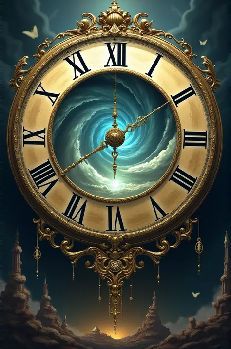 A clock without hands, where the center is a vortex that shows scenes of the past, present and future, representing how these three aspects of time intertwine in our experience of life.