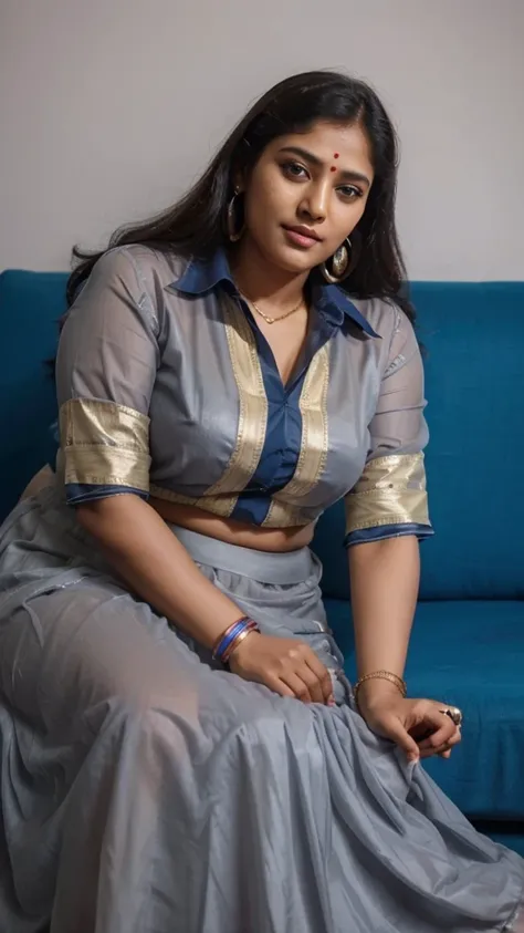 South Indian women, wearing gray chiffon transparent shiny skirt and shirt 