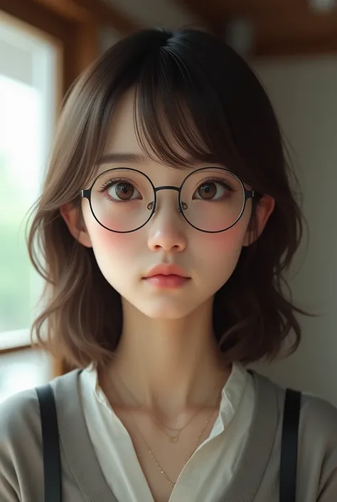 Japanese women、Late 20s、Brown hair and glasses、Serious and quiet、Kinda cute、Kind Face、Not too fat, not too thin.、semi-long