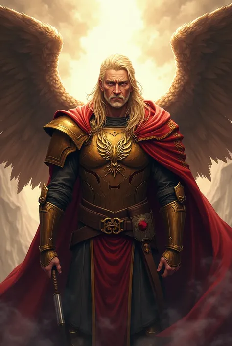 kaiser, middle-aged, Golden hair, Griffin coat of arms, warrior, bloodthirsty, majestic, Gold und Rot, Mixture of light and dark atmosphere, Antiquity, Anime Style