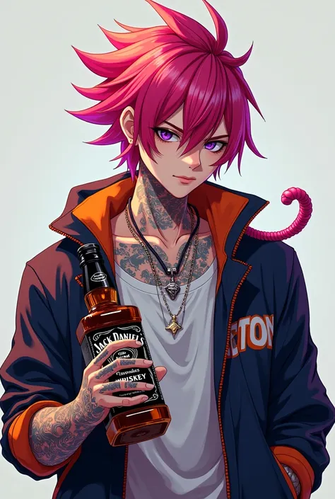 A glowing 3D anime male, , with tattoos, brightly colored hair, holding a Jack Daniels bottle, wearing a jacket that says GASTON.