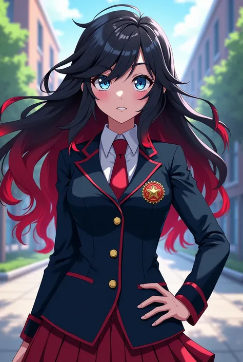 My Hero Academia template of a girl with black hair with wavy crimson red streaks that reach her hips, has light blue eyes, parts, wears the U uniform.Class 1-A 