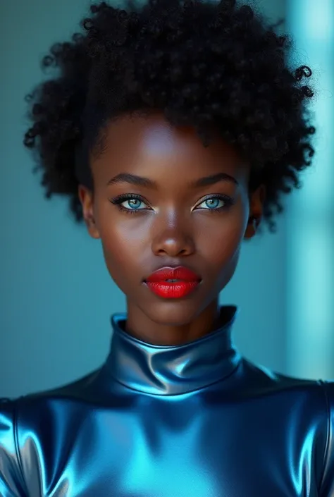 19 year old African girl with very dark skin, light blue eyes, red lipstick, short curly hair, wearing a metallic blue dress 
