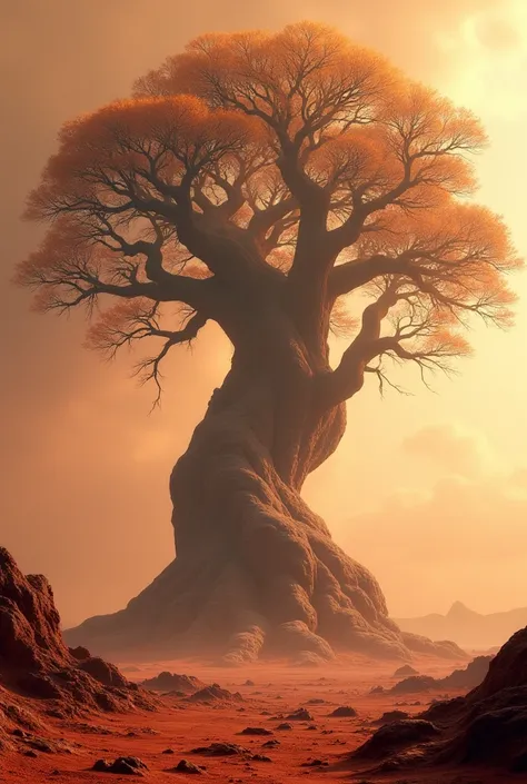 a massive old-growth tree on the surface of mars, withered and gnarled branches reaching up towards a rust-colored sky, roots snaking across the barren red soil, an otherworldly and desolate landscape, highly detailed, 8k, cinematic lighting, dramatic shad...