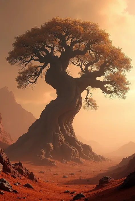 a massive old-growth tree on the surface of mars, withered and gnarled branches reaching up towards a rust-colored sky, roots snaking across the barren red soil, an otherworldly and desolate landscape, highly detailed, 8k, cinematic lighting, dramatic shad...