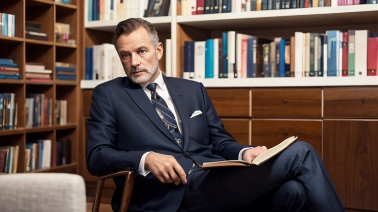 Bookshelf，Sitting on a chair，Englishman，50 years old，suit，Look at me