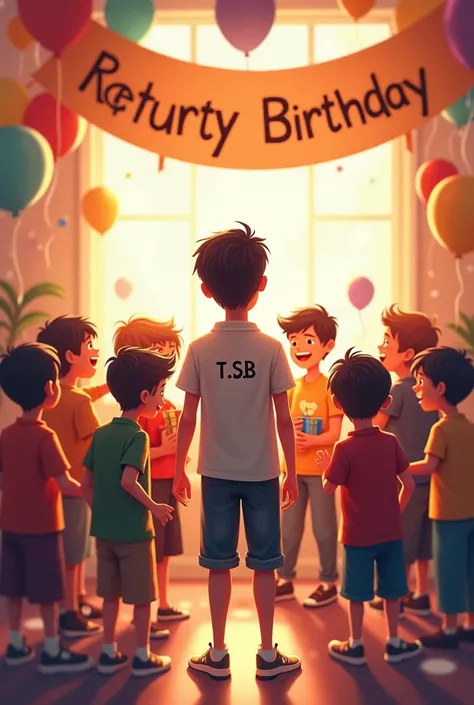 Birthday celebration in a beautiful room. Balloons are flying around. There are gift boxes.  A few young boys are standing together and celebrating. Telegram Birthday written on the banner above.  And a young man stands back with a gift box in hand.  T.S.B...