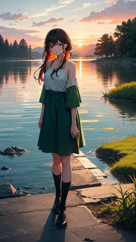 Every sunset carries the promise of a new dawn. Accept the outcome, Paving the way for a beautiful beginning. Nature painting. green, red tint, cloudy, sunset, green、A woman is reflected in the photo.