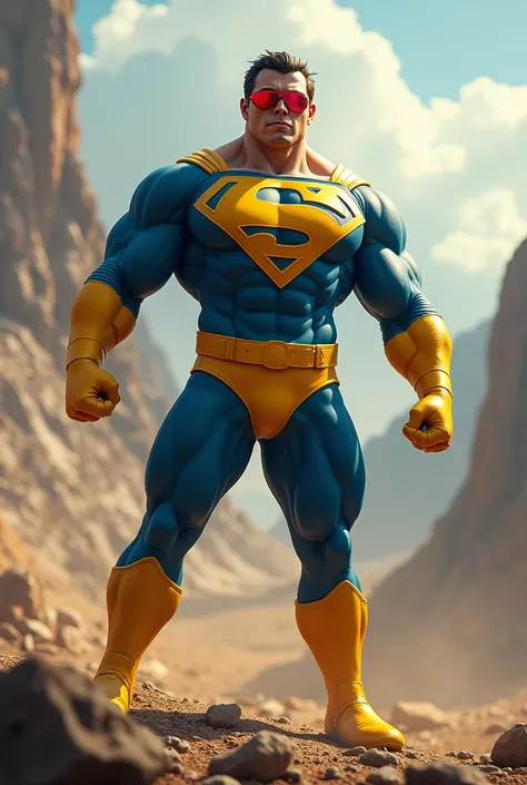 a giant X logo on costume,blue and yellow color scheme,highly detailed,realistic,cinematic lighting,epic dramatic posea male hero wearing red visor, muscular build, blue and yellow costume spandex, in heroic pose, highly detailed face and body, cinematic l...