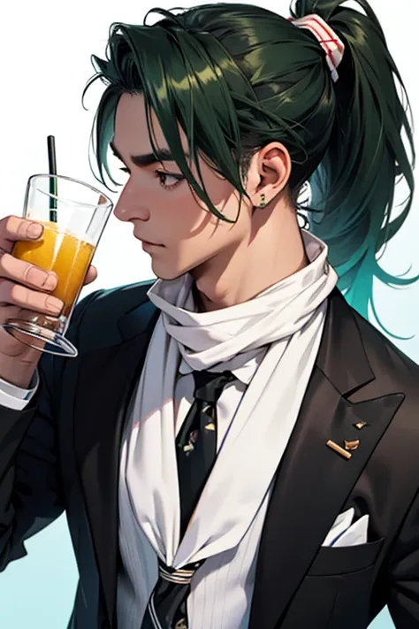 solo、Kiss the cup、White neckerchief around the neck、Man wearing headphones、Black suit、Green Haired Man、ponytail、juice、