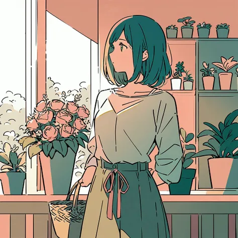  A woman in casual attire, carrying a basket of flowers. Flat colors, chic and soft atmosphere.  Soft light, with many potted plants in the background. Simple and beautiful color scheme.