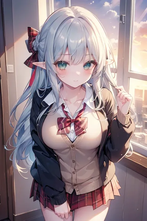 ((masterpiece, best quality, highres, UHD, perfect pixel, depth of field, 4k, RTX, HDR)), 1girl, single, solo, elf, 19 years old, beautiful anime girl, beautiful artstyle, anime character, ((long hair, bangs, silver emerald  hair, curly hair)), (green eyes...