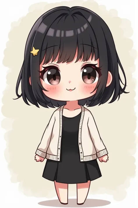 Chibi Character。Her black hair is half-up and reaches just below the collarbone。A slightly mature atmosphere。21 years old。Baby Face。round face。Dressed in a black one-piece、Wearing a white cardigan。