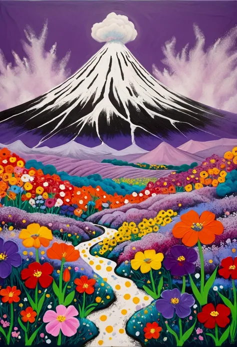 A painting，Inspired by Yayoi Kusama：(((Chalk painting，Oil stick painting，Volume，Thick coating，Uneven texture，Plaster texture，Graffiti，Dot)))。(a volcano erupts。White smoke。), Bright colors, Purple和, cute的, Bright colors，cute, Lavender Color and Color Scheme...